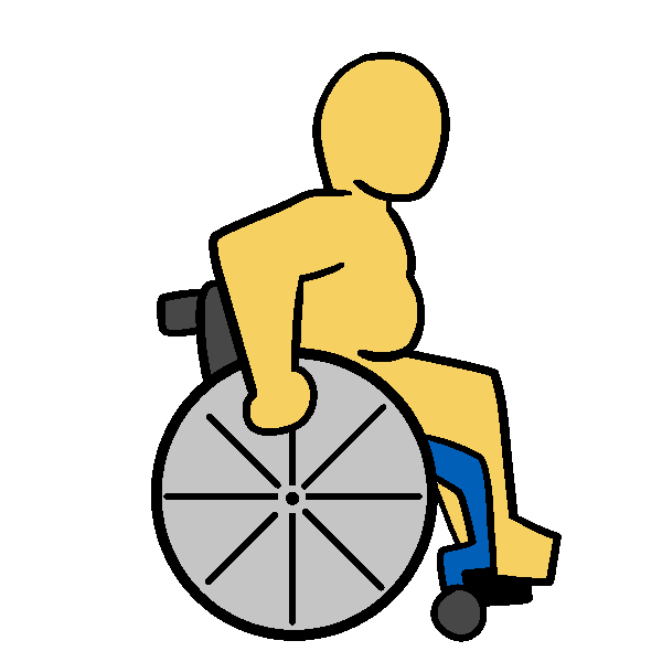 A yellow fat person pushing a blue manual wheelchair.